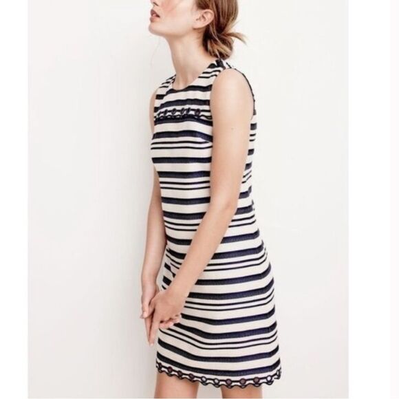 J. Crew Shift Dress Cream Navy Striped Woven Scalloped NEW Women’s 6 - Picture 1 of 9